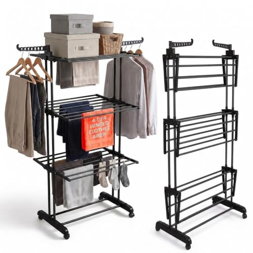 Straame 4-Tier Clothes Airer, Heavy Duty Foldable Drying Rack, 40 kg, Black | Four caster wheels, 2 brakes, 14 hanger hooks and 360° rotating side wings; folds to 21 cm deep for compact household storage