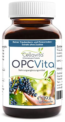 Cellavita - OPC Vita Traubenkernextrakt & Pinienrindenextrakt 60 Kapseln hochdosiert - Oligomere Proanthocyanidine Mischung Zweimonatsvorrat - Pflanzliches Nahrungsergänzungsmittel zusatzstofffrei