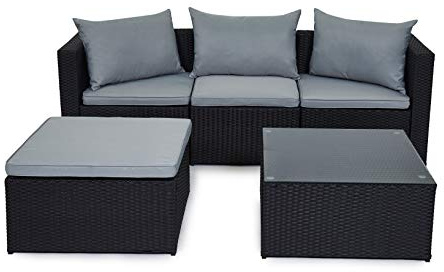EVRE Malaga Rattan Garden Outdoor Furniture Wicker Set 4 Seat Corner Sofa Couch Footstool Glass Top Table with Cushions for Patios Conservatories Gardens (Black)