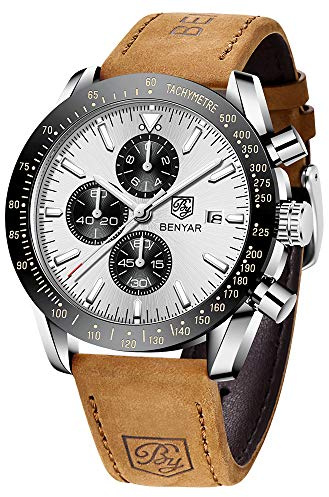 BENYAR, Montre pour Homme Chronographe, Mouvement à Quartz, Bracelet Cuir/Acier/Silicone, Montre de Sport d'affaires, Tendance, 30 m Étanche, Anti-Rayures, Cadeau Élégant