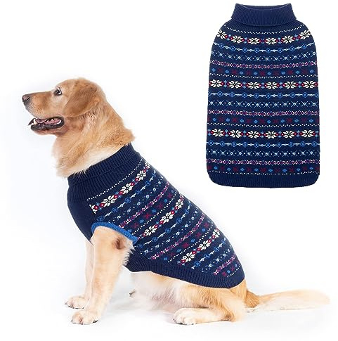 BINGPET Dog Sweaters for Large Dogs,Winter Dog Sweater Warm Clothes Boys Girls with Leash Hole,Classic Snowflake Doggy Knitwear Clothes,Ideal Gift for Pet in New Year(Navy,Large)