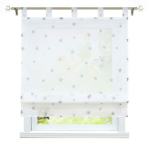 ESLIR Raffrollo mit Schlaufen Gardinen Küche Raffgardinen Voile Transparent Schlaufenrollo Modern Vorhänge mit Sterne Muster Grau BxH 80x140cm 1 Stück