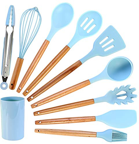 Set di Utensili da Cucina in Silicone, Set di Utensili da Cucina 10Pcs con Supporto, Pentole Antiaderenti, Gadget da Cucina Resistenti al Calore Regalo Utensile, Azzurro