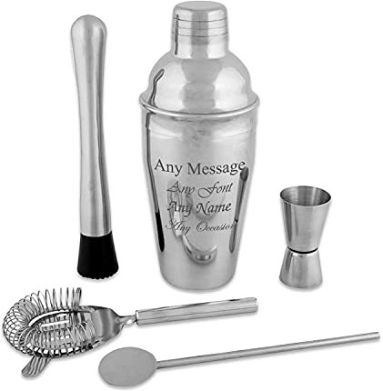 Personalised Engraved 5 Piece Cocktail Shaker Set, Personalise with Any Message for Any Occasion