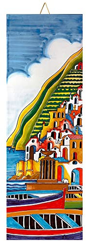 Baldosa cerámica cm. 10x30 con Impresión de un Paisaje de la Costa de Amalfi, Positano Landscape Day 2 Azulejo Ornamental para Colgar.