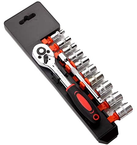 1/4'' Ratchet Socket Wrench Set, Drive Socket Set with 10 Sockets 4-13mm Mechanic Tool Kit and Sockets Set, Quick Released Ratchet Handle and Extension Bar (One Size 12Pcs)