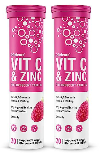 Vitamin C 1000mg & Zinc 15mg Raspberry Flavour Effervescent Tablets - High Strength Tablets for a Healthy Immune System (2 Tubes)