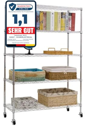 KARAT Regal auf Rollen Gitterregal aus Metall mit 5 Regalböden, Rollwagen für Küche, Badezimmer, Keller, Abstellraum bis 120kg, Küchenwagen auf Rollen Aufbewahrungswagen verchromt 89x34x150cm