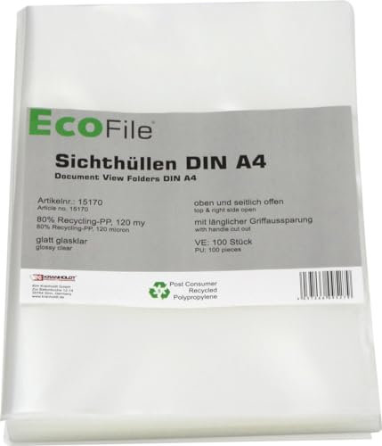 Sichthüllen Aktenhüllen A4 / 100 Stück/nachhaltig aus Post-Consumer-Recycling PP 120 my transparent, oben und seitlich offen – (Transparent glatt glasklar)