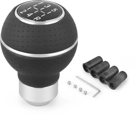 Juttzzei Schaltknauf 5 Gang, Universal Schaltknüppel, Verbessert Leder Auto Schalthebel mit 4 Adaptern 8mm 10mm 11mm 12mm für Manueller Autos mit 5 Gang Schaltgetriebe - Silber