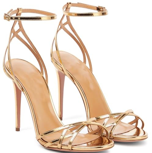 Generic Sandali con Tacco Alto da Donna Cinturino alla Caviglia Tacco Spillo Testa Tonda Punta Aperta Sandali Eleganti Sexy Moda con Cinturino da Sposa décolleté Sposa Sandali Scarpe,d'oro,34 EU
