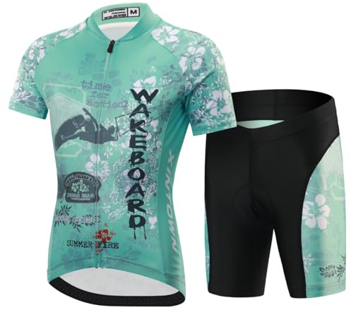 Amur Leopard Enfant Ensemble Maillot de Cyclisme à Manches Courtes + Cuissard Shorts avec Coussin pour Garçon Fille, Vert-Set, XXXL/12-13 Ans