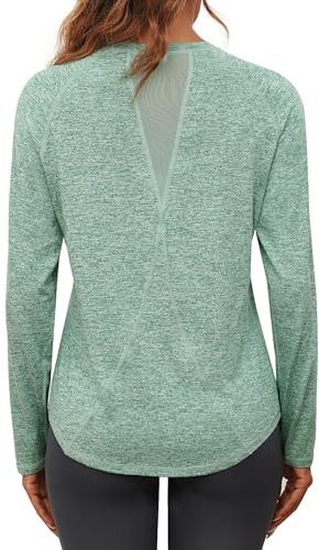Gyabnw Long Sleeve Workout Tops for Women UK Gym Wear Yoga Tshirt Running Activewear Pilates Hiking Exercise Green