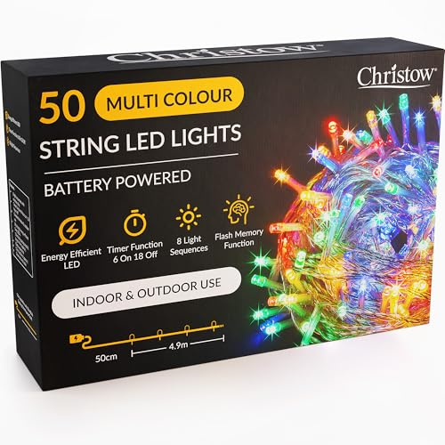 CHRISTOW Christmas Fairy Lights Battery Operated, Multi-Coloured LED String Lighting with Timer, Indoor & Outdoor, 8 Light Modes Flashing & Static Glow, Clear Cable (50 LED / 5m Lit Length)