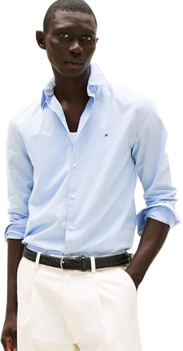 Tommy Hilfiger Chemise Homme Flex Poplin Mini Print Regular Fit, Bleu (Cloudy Blue), L