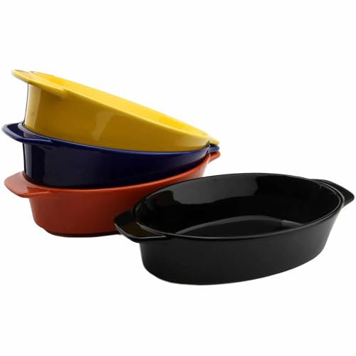Oval Ceramic Baking Dish Set Of 4 with Handles Oven To Table Ideal for Lasagne/Pie/Casserole/Tapas (5x 12x 22cm/8.5inch) BlueBlackBrownYellow