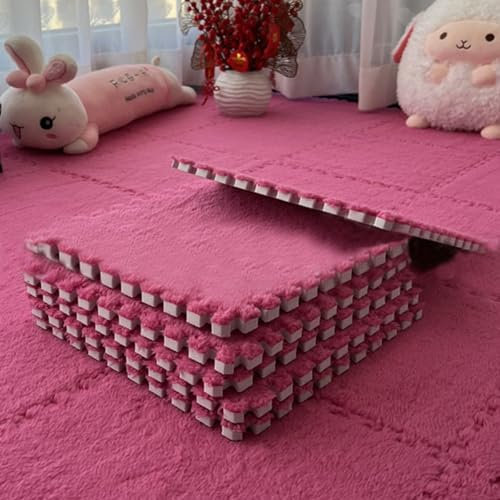 Tappeto ad Incastro, 36 Pezzi di Tappetino in Schiuma di Peluche a Forma di Puzzle, Morbidi tappeti Quadrati Spessi, per la Decorazione della Camera da Letto del Salotto (Rosso Rosa, 30 * 30