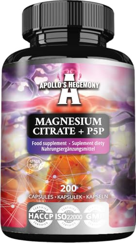 Magnesiumcitrat 120 mg + vitamin B6 (P-5-P) 5 mg, 200 veganska kapslar, 6 månaders leverans, organisk form av magnesium - tillskott för nerv- och muskelfunktion - från Apollo's Hegemony