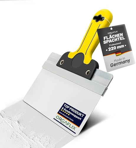 ORGAFLIX Profi Flächenspachtel 220mm (22cm) mit abgerundeten Ecken für Trockenbau, Edelstahlklinge, 2K Softgriff, Spachtel Werkzeug, leichtes Aluminium, Breitspachtel, Wandspachtel - Made in Germany