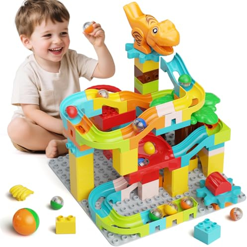 Marble Run Building Blocks, 90-Piece Dinosaur Ball Track Building Set Toys, Interactive Marble Tracks Maze Marble Run Game, STEM Educational Toys Gift for Boys Girls 4 5 6 7 Years Old