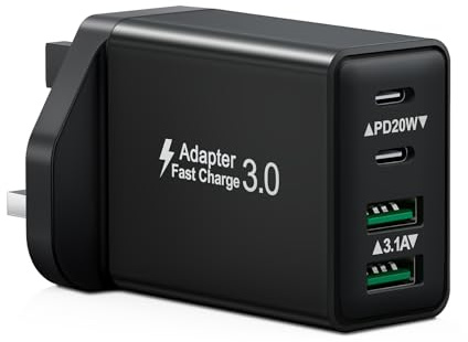 USB C Plug UK, 40W 4-Port USB Plug Fast Charger Plug Multi Charging Plug Dual Type C Power Adapter Multiport Wall Plug Charger Head for iPhone 16 15 14 13 12 11 Pro Max Plus,iPad,Samsung