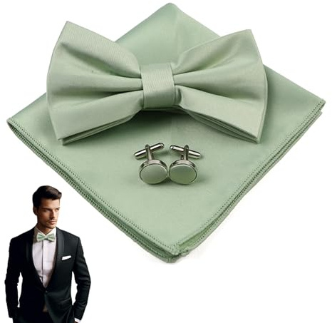 Set di Papillon Uomo in Poliestere Verde, Papillon Verde Menta con Fazzoletto da Taschino, Gemelli, papillon per Abito Uomo, Accessori per Abiti verde Salvia per Matrimoni, Feste, Natale e Halloween