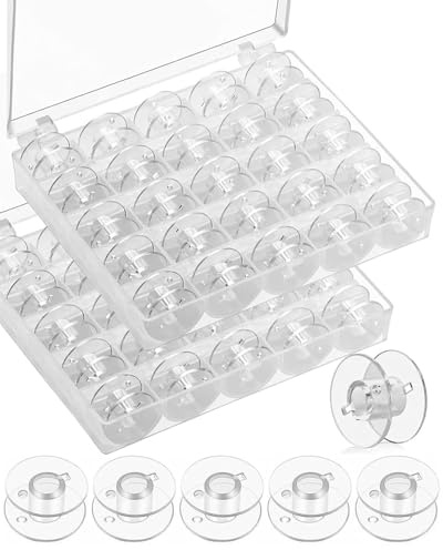FUGLUS 50Pcs Rocchetti per cucito in plastica trasparente con 2 scatola contenitore, bobine universali compatibili per accessori cucito, porta rocchetti di filo e progetti DIY, Trasparente