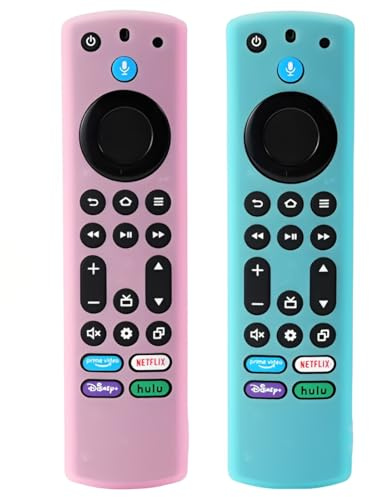 VRYNDH Estuche Remoto de Silicona (2 Piezas) - Compatible con Fire TV Stick 4K MAX (2nd / para Toshiba/Insignia/Pioneer Alexa Voice Remote Enhanced con cordón(Azul, Rosa-Brillan)