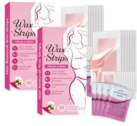 Strisce di cera per viso e corpo, strisce di cera fredda con formula vegetale, depilazione delicata per braccia, gambe, bikini (2, 60 pezzi)