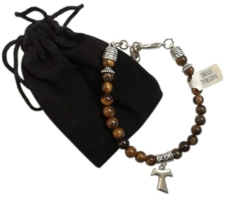 Eurofusioni Bracciale con perline in pietra naturale Occhio di Tigre e Croce Tau placcata argento - Ciondolo h cm 1,7