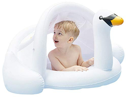 Infants Pool Swim Float with Canopy Inflatable Outdoor Swimming Ring Seat, White Swan Kids Baby Toddler from 12 Months to 48 Months