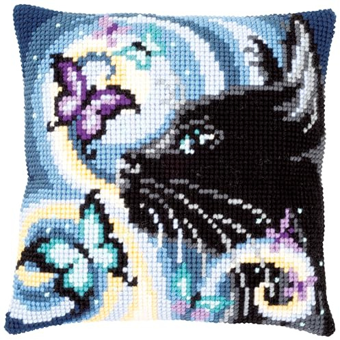 VERVACO Kit Cuscino Punto Croce GATTO CON FARFALLE Set Ricamo Principianti Cuscini Gobelin Decorativi ca. 40 x 40 cm Accessori Per Lavoretti Creativi DIY Casa Decor Hobby Adulti Cross Stitch