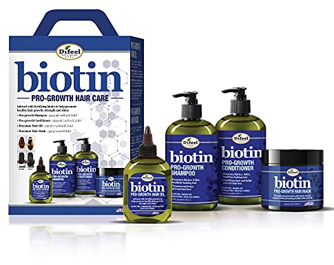 Difeel Biotin Pro-Growth 4-PC Hair Care Gift Set - Shampoo (12oz), Conditioner (12oz), Hair Oil (7oz), and Hair Mask (12oz)