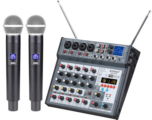 BOMGE 6 canales Audio DJ Consola Mezclador Tarjeta de sonido con 2 micrófonos inalámbricos, USB,Bluetooth, 48 V Phantom para grabación de estudio en casa, DJ Network Live Karaoke 16 Echo/Delay
