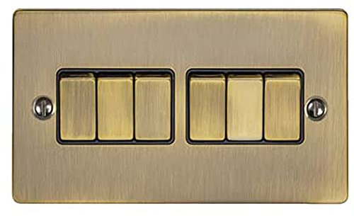 6 Gang Multi Light Switch – ANTIQUE BRASS & Black Trim – 2 Way 10 Amp – Dark Gunmetal Decorative Wall Plate & Solid Metal Rocker – On/Off Mains Lighting Switch
