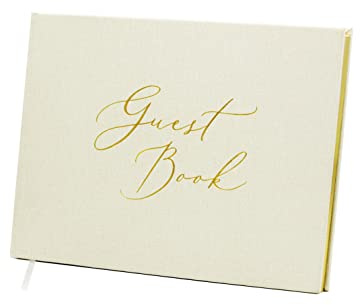 MUUJEE Embossed Lined Guestbook - 11.5 x 8.5 Large Luxury Modern Cream Canvas Linen Embossed Hard Cover Guest Book for Wedding, Birthday & Events (Lined Pages)