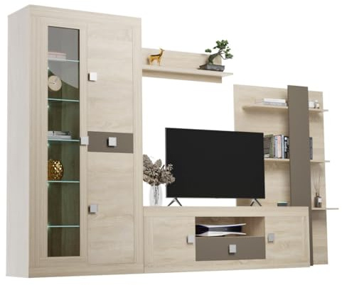 mattfy - Mueble de Salón Moderno con Leds, Módulos de Comedor, Modelo Alice, Acabado en Cambria y Choco, Medidas: 300 cm (Ancho) x 200 cm (Alto) 40 cm (Fondo)