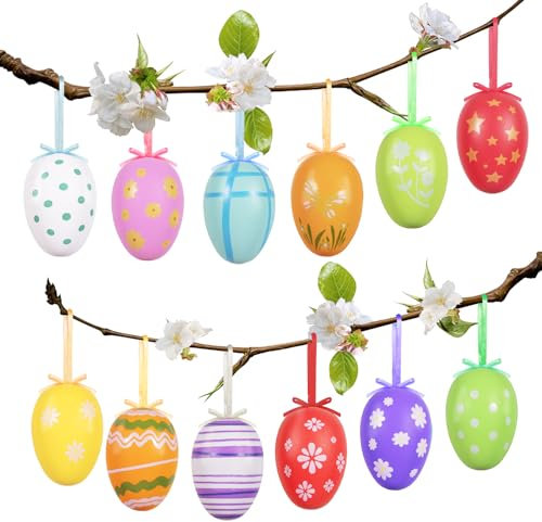 AhfuLife 12Pezzi Appese Uova di Pasqua - Decorazioni per Albero di Pasqua in Plastica Colorata 4x6 cm, Uova Dipinte con Design Festivo per Casa, Giardino e Feste (Stile 2)