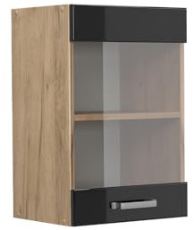 Vicco Küchenglasschrank R-Line, Schwarz Hochglanz/Goldkraft Eiche, 40 cm