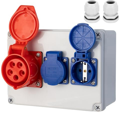 CHENGPI Steckdose Aufputz Wandverteiler Starkstrom Verteiler mit IP54 2x230V Schuko Steckdosen und 16A CEE-Steckdose,IP67 Baustromverteiler Steckdosenverteiler fur Werkstatt, Gebäude Stromverteiler