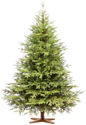 FAIRYTREES Árbol de Navidad 180 cm Nordmann Exlusivo 100% PE | Elementos Naturales Moldeados por inyección | Hecho en la UE | Árbol de Navidad con Soporte de Madera de Fresno Hecho a Mano