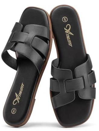 Athlefit Women's Black Flat Sandals Fashion Square Open Toe Dressy Summer Slip On Leather Slide Sandals Size 10, Black, 8 UK