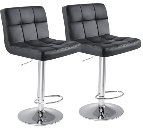 Sweetcrispy Bar Stools Set of 2, Armless PU Leather Adjustable Swivel Barstools, Hydraulic Kitchen Counter Height Thickened Seat Cushion Square Island Countertop Chairs with Back, Light Black