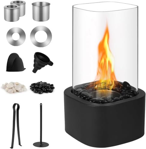 Tischkamin mit 2 Farben Deko Steinenmit, Tischfeuer für Indoor & Outdoor 4h Brenndauer - Verstellbare Flamme, Bio-Ethanol Kamin für Abendessen,Party,Balkon - schaffen Sie eine angenehme Atmosphäre