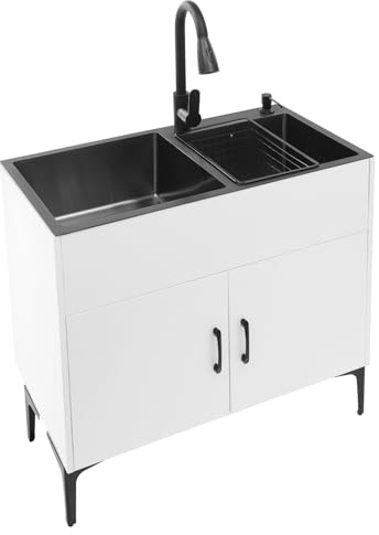 Lavandino da cucina autoportante, con armadio in legno, lavello in acciaio inox con doppia vasca da bagno, 2 vasche con rubinetto estraibile, scolapiatti, dispenser per sapone, 81 x 43 x 78 cm (bianco