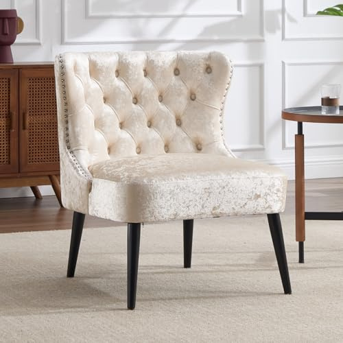 chairus Ohrensessel Samt Sessel Wohnzimmer Relaxsessel mit Holzbeinen Loungesessel Schlafzimmer Arbeitszimmer, Beige