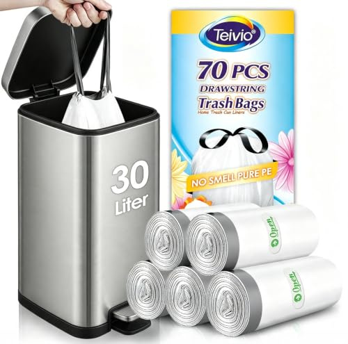 Teivio 30 Liter Medium Bin Liners with Tie Tap, 70 Counts 8 Gallon Strong Drawstring Pedal Bin Bags Fit 25-30L Trash Can, Waste Bin Bags for Home Office Kitchen Bathroom Bedroom, White Rubbish Bags