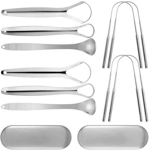 BAIFULAI Lot de 10 gratte-langue : kit de gratte-langue en acier inoxydable pour adultes avec revêtement de langue épais, gratte-langue pour un nettoyage en profondeur, la mauvaise haleine, améliore