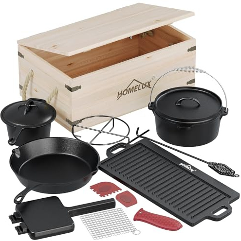 HOMELUX 12-teilig Dutch Oven Set in Holzkiste mit 4,5L Dutch Oven Topf & 3,6L Saucier – Inkl. Grillplatte, Bratpfanne + Volles Zubehör，Gusseisen