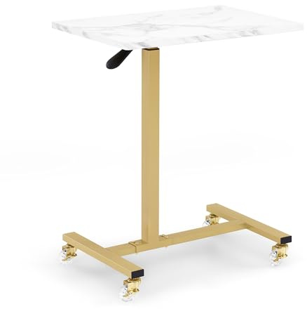 Barberpub Table d'appoint à roulettes, Table de Soins réglable en Hauteur, Chariot à Plateaux doré, Table de lit en Forme de C pour Salons, 40 x 60 x 72/97 cm, 2832 (Blanc marbré)